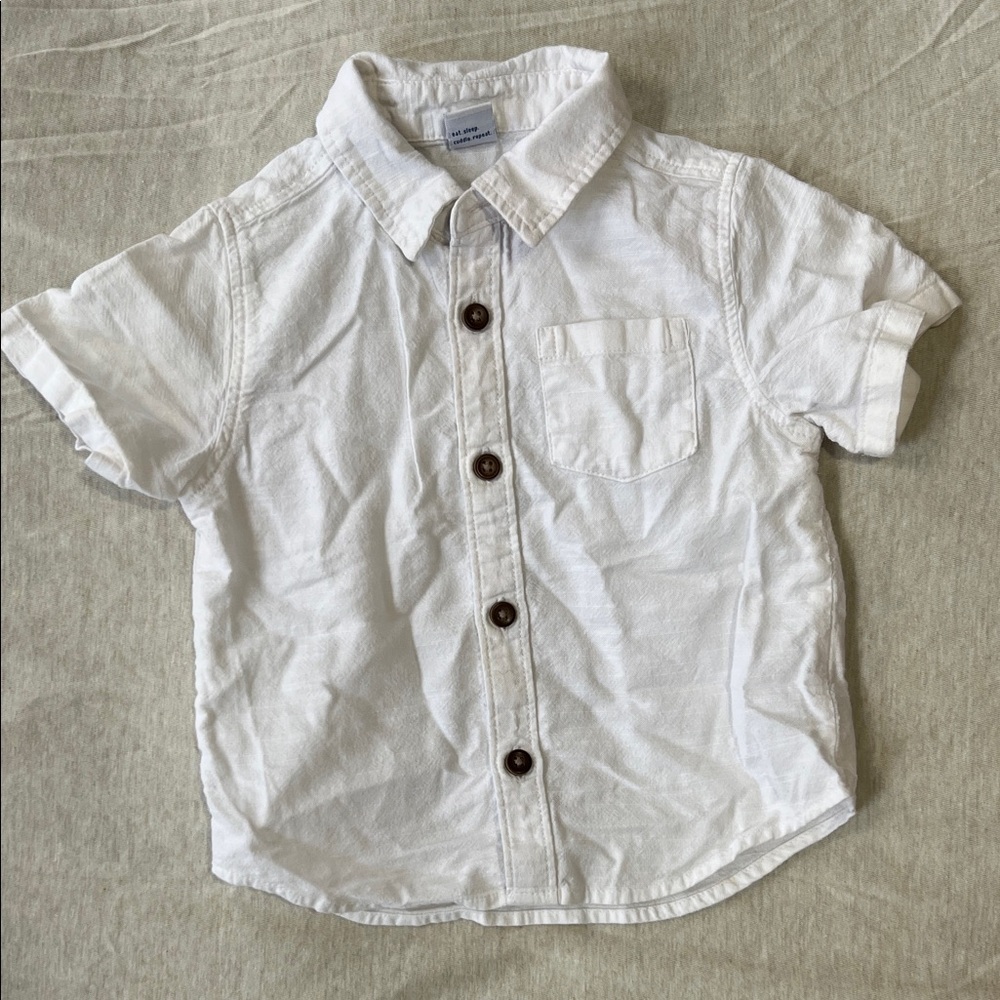 Baby 12M White Linen Look Button Down Shirt Short Sleeve Woven Cotton Top beach